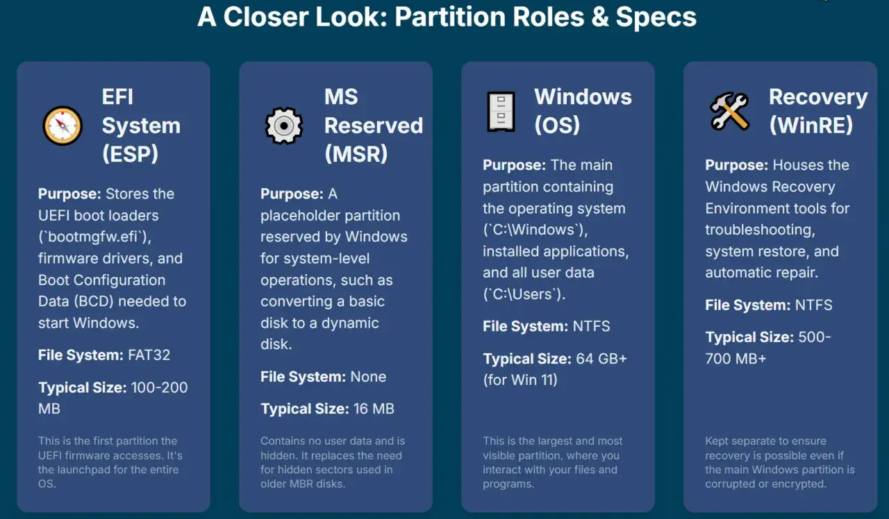 Die Grafik erkl&auml;rt Partitionen wie EFI, MSR, Windows (OS) und Recovery. Die OEM Partition ist hier nicht explizit aufgef&uuml;hrt, aber das Windows (OS) ist die Hauptpartition.