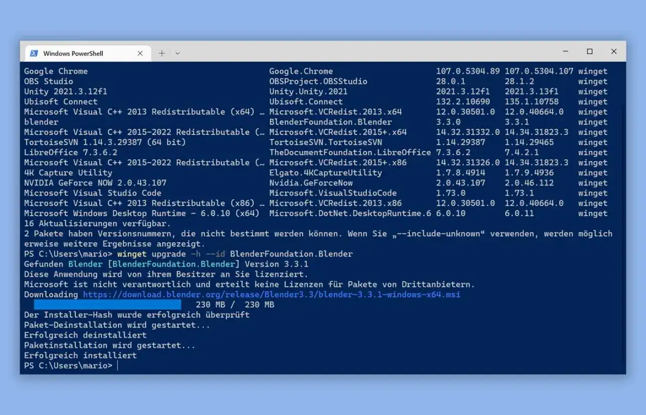 PowerShell zeigt den Befehl `winget upgrade` für Blender. Die Installation von Blender 3.3.1 ist erfolgreich.