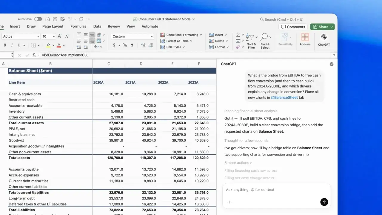 ChatGPT analysiert eine Excel-Tabelle zur Bilanz, um die Umwandlung von EBITDA in freien Cashflow zu erkl&auml;ren.