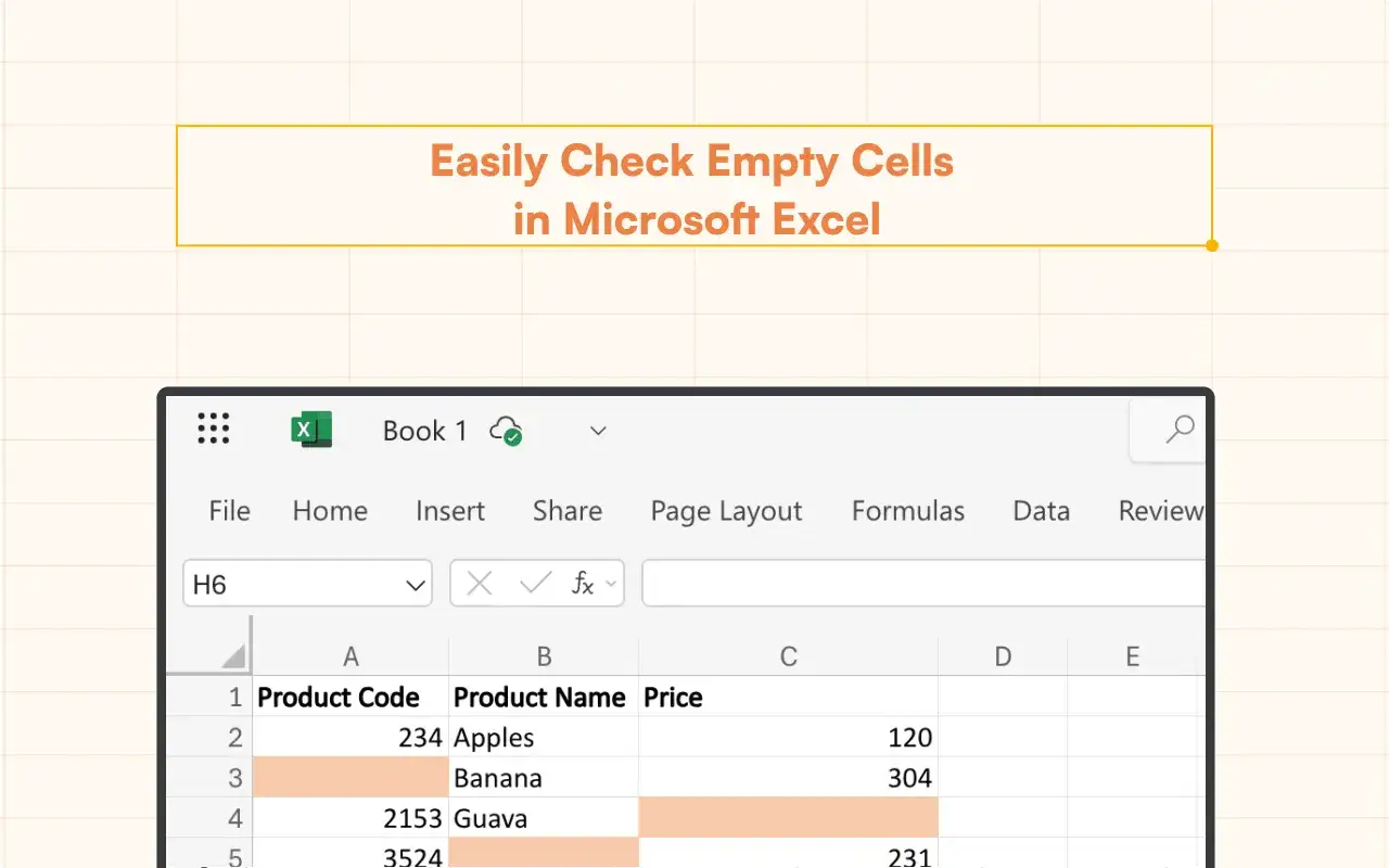 Excel-Tabelle mit Produktcodes, Namen und Preisen. Einige Zellen sind leer, was zeigt, wie man leere Zellen in Excel findet.