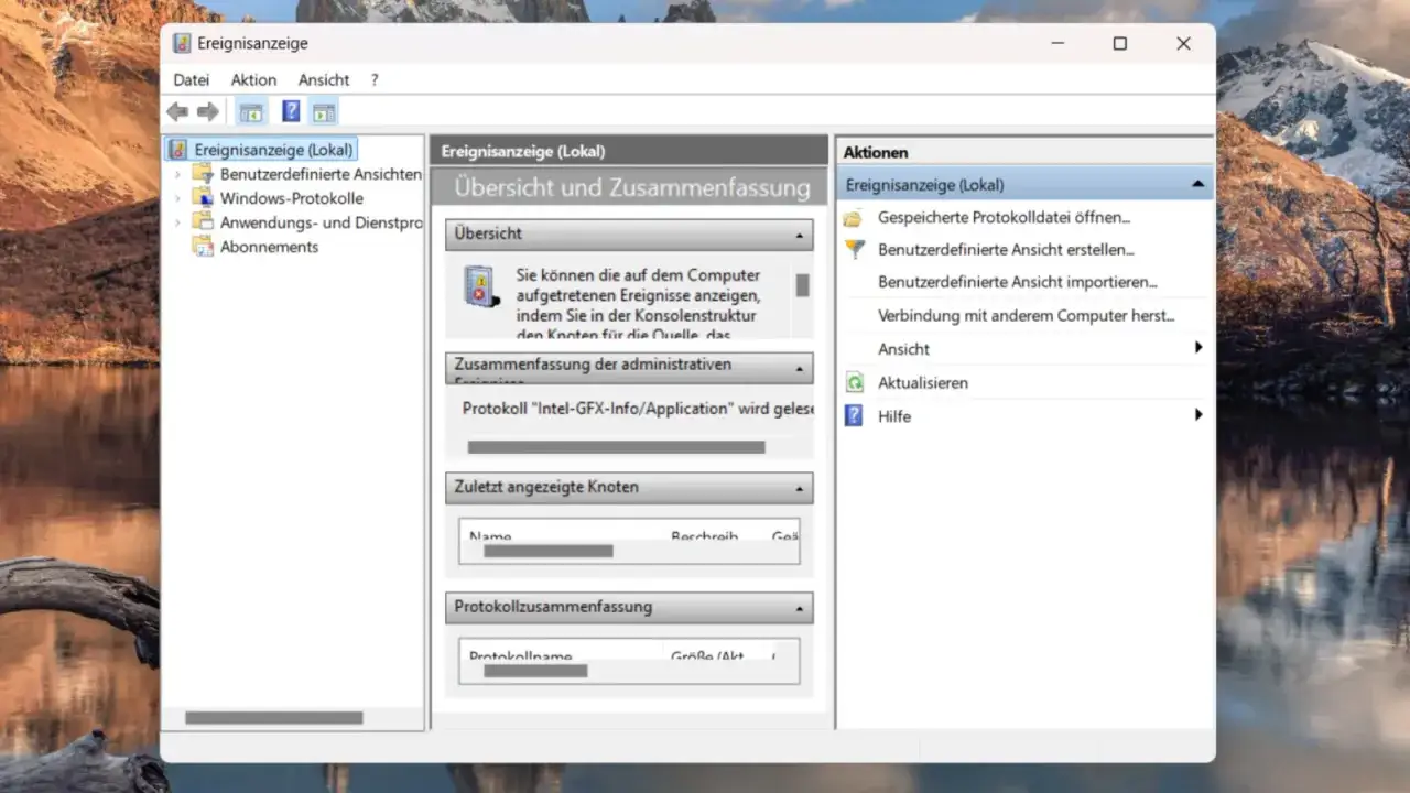 Windows Ereignisanzeige zeigt eine Übersicht der Systemprotokolle. Hier werden Informationen über aufgetretene Ereignisse gesammelt.