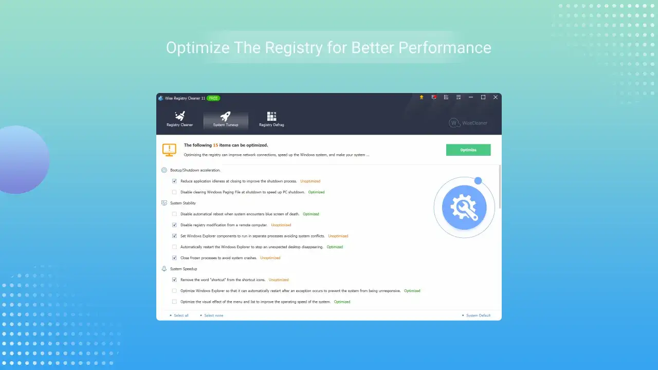 Wise Registry Cleaner zeigt Optionen zum windows 11 registry bereinigen an, um die Leistung zu verbessern.