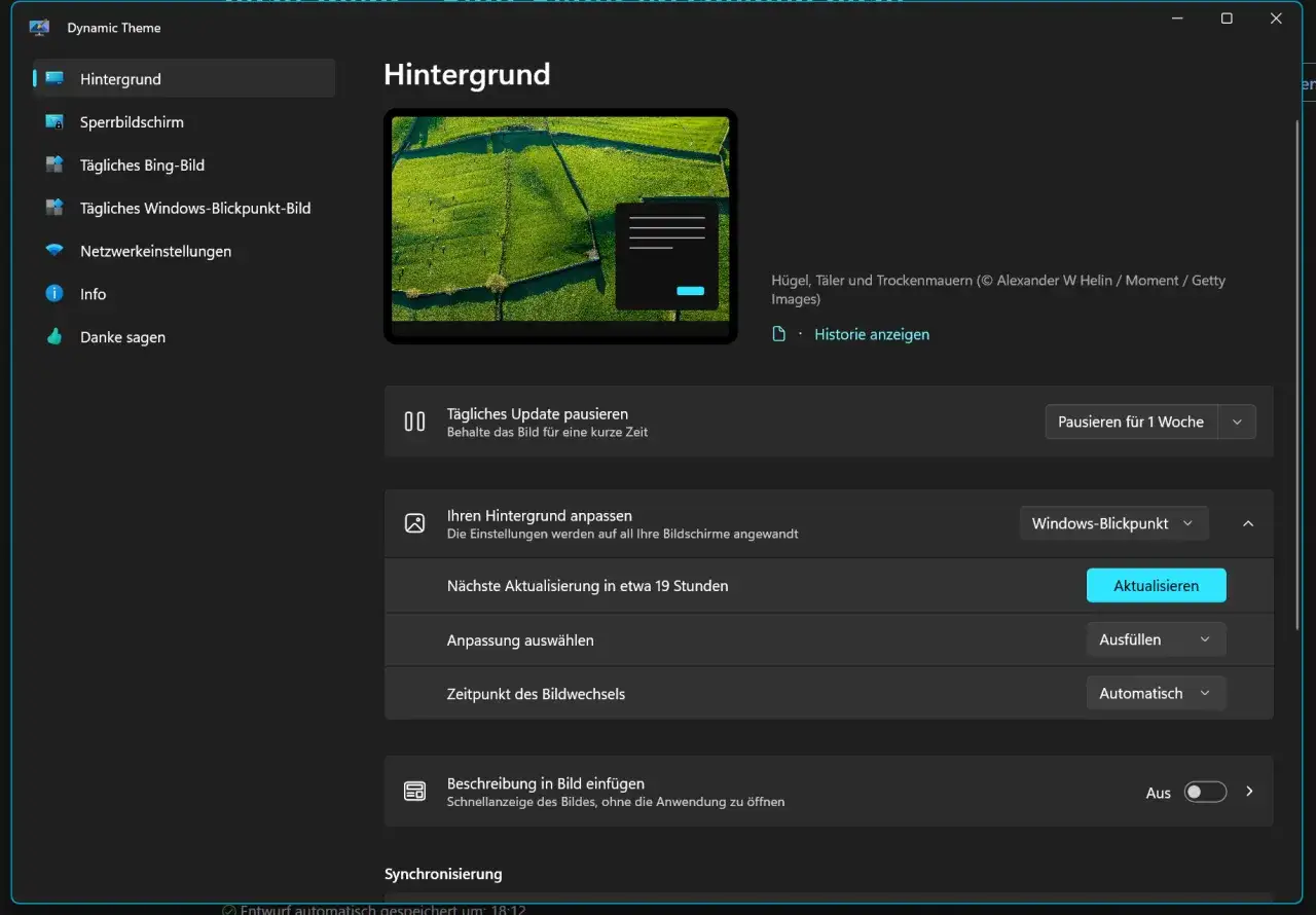 Windows-Blickpunkt-Hintergrund mit gr&uuml;nen H&uuml;geln. Einstellungen f&uuml;r t&auml;gliche Updates und Anpassung des Hintergrunds.