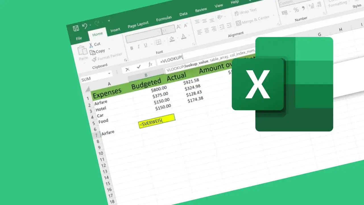 Excel-Tabelle mit Ausgaben, Budget und tats&auml;chlichen Betr&auml;gen. Die VLOOKUP-Funktion wird gezeigt, um Daten zu verkn&uuml;pfen.