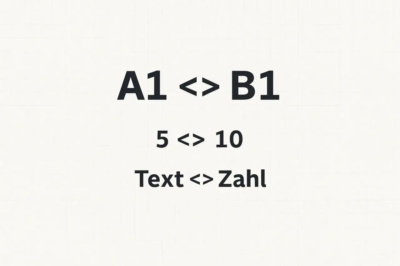 Excel-Beispiele: A1 <> B1, 5 <> 10, Text <> Zahl. Zeigt, wie Werte ungleich sind.
