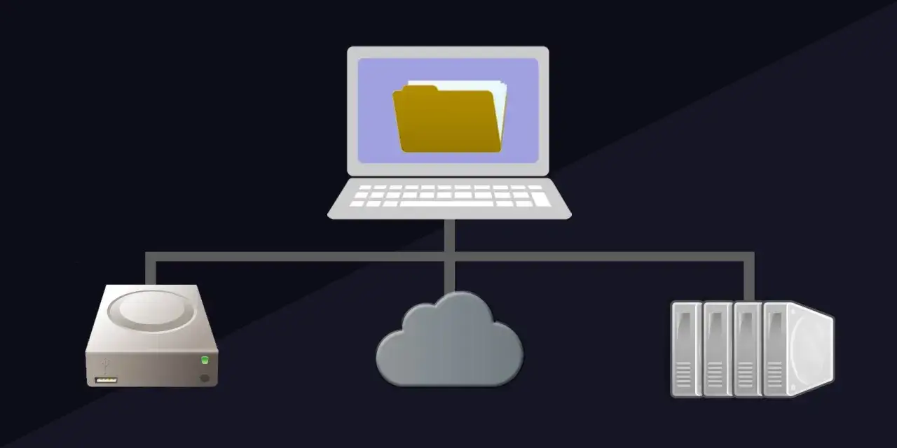 Laptop mit Ordner-Symbol, verbunden mit externer Festplatte, Cloud und Servern. So erstellen Sie einen PC-Backup.