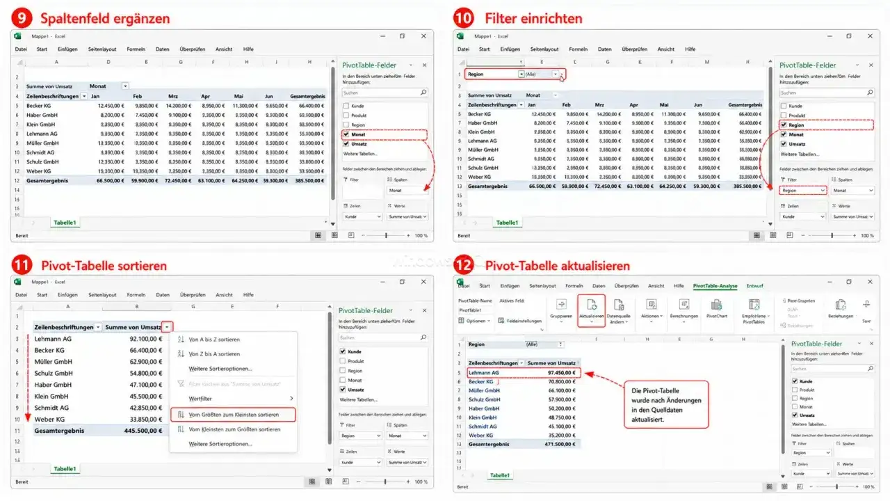 Excel-Liste erstellen: Pivot-Tabellen-Felder für Spalten, Filter und Aktualisierungen.