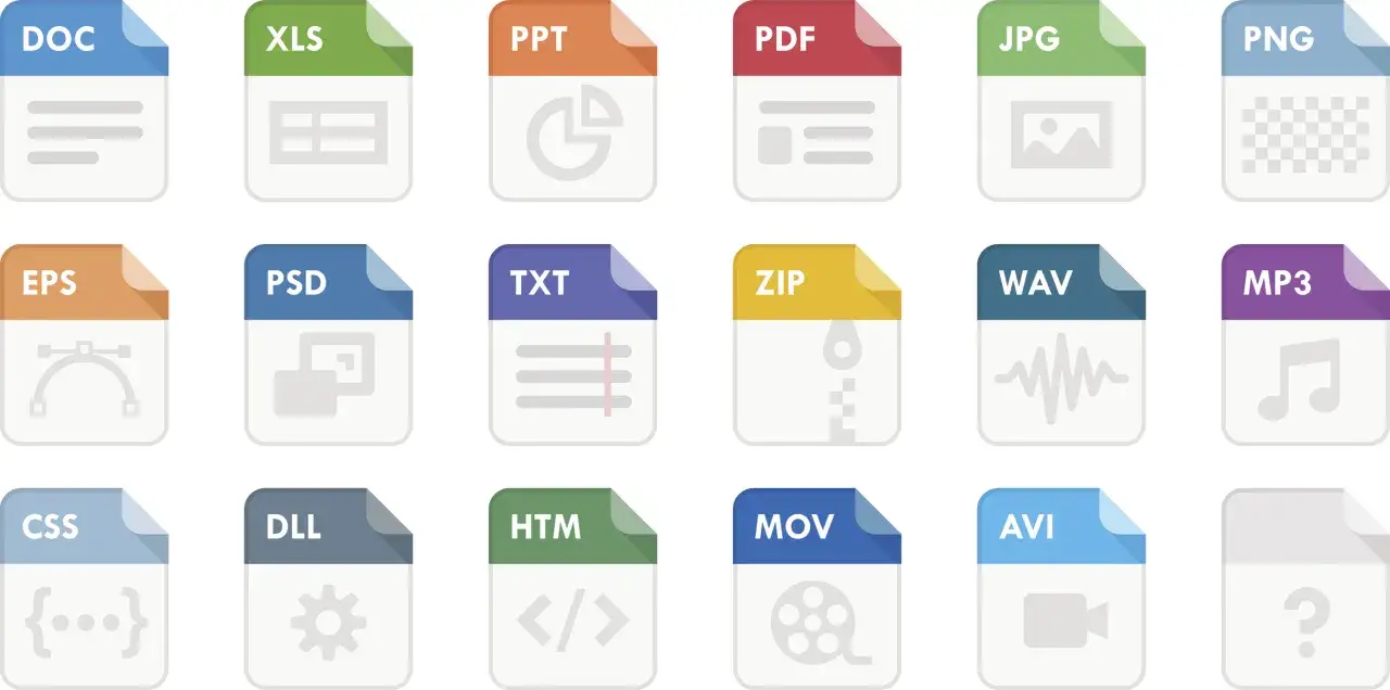 Eine Tabelle mit verschiedenen Dateiendungen wie DOC, XLS, PDF, JPG, PNG, MP3 und mehr, die verschiedene Dateitypen repr&auml;sentieren.