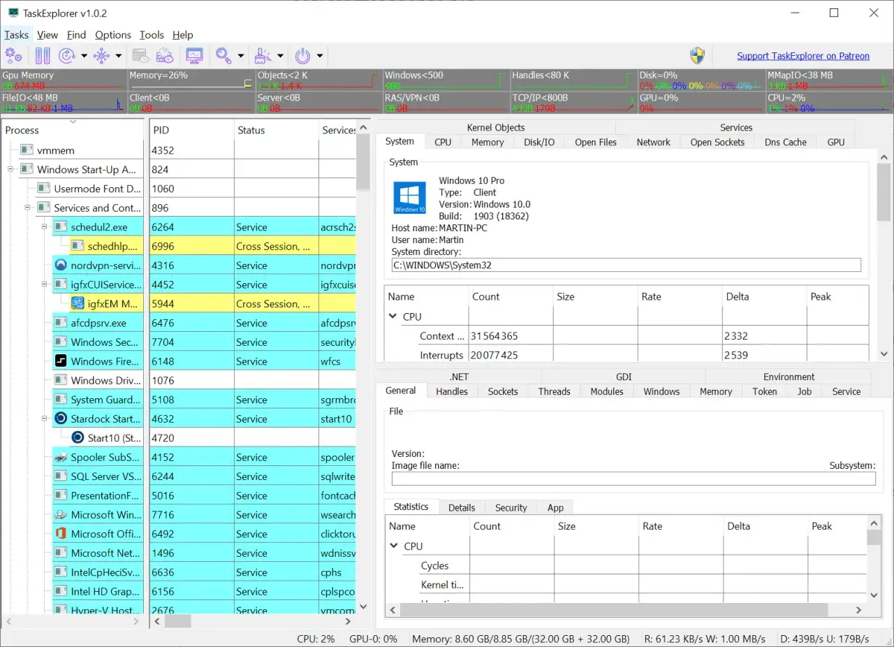 TaskExplorer zeigt laufende Prozesse und Systeminformationen. Hier sind Details zu CPU-Auslastung und Kernel-Objekten.