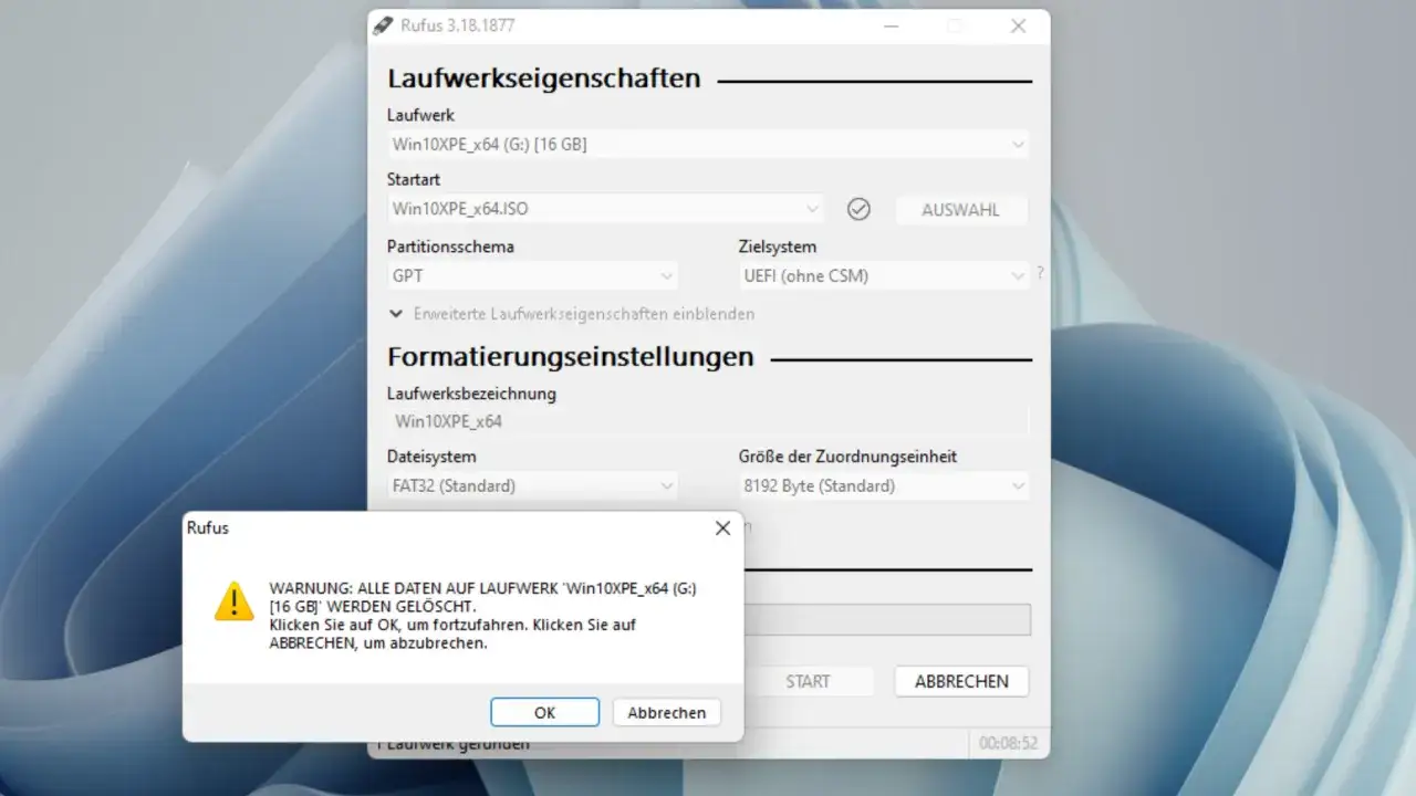 Rufus bereitet ein winpe iso vor. Warnung: Alle Daten auf Laufwerk 'Win10XPE_x64 (G:) [16 GB]' werden gelöscht.