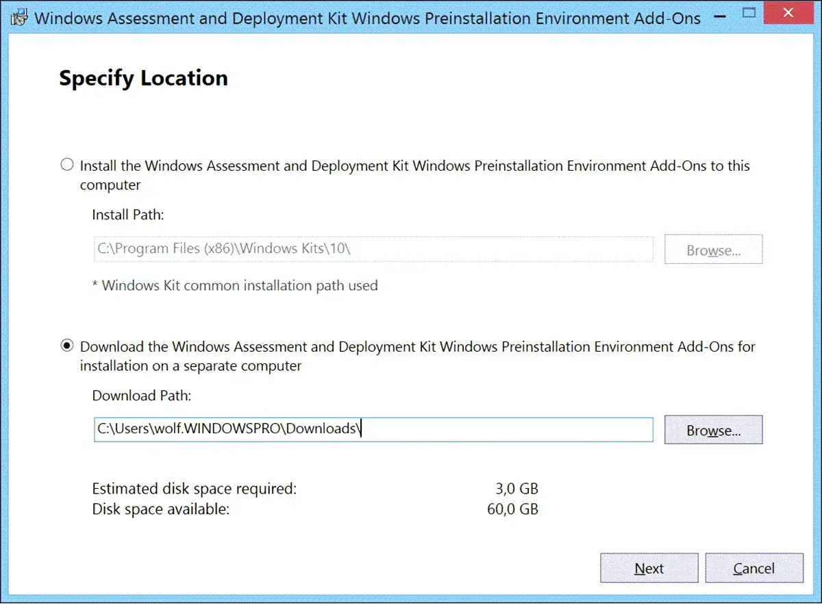 Installationspfad für AOMEI PE Builder festlegen. Download-Pfad: C:\Users\wolf.WINDOWSPRO\Downloads. Benötigt 3 GB.