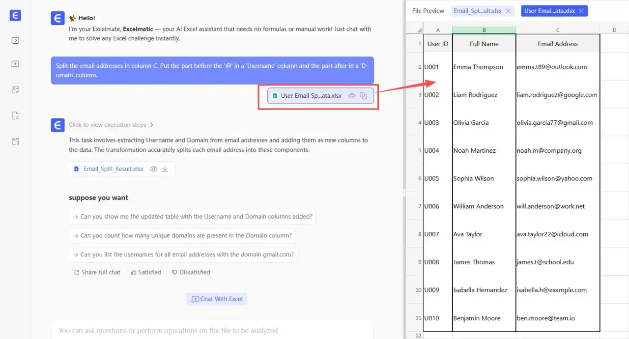Excel-Assistent trennt E-Mail-Adressen in Spalte C, um Benutzernamen und Domänen zu extrahieren.