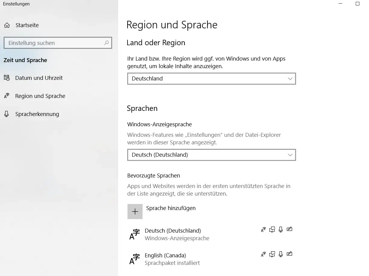 Windows-Einstellungen: Region und Sprache. Hier kann man das Excel von Englisch auf Deutsch umstellen, indem man Deutsch als Anzeigesprache wählt.