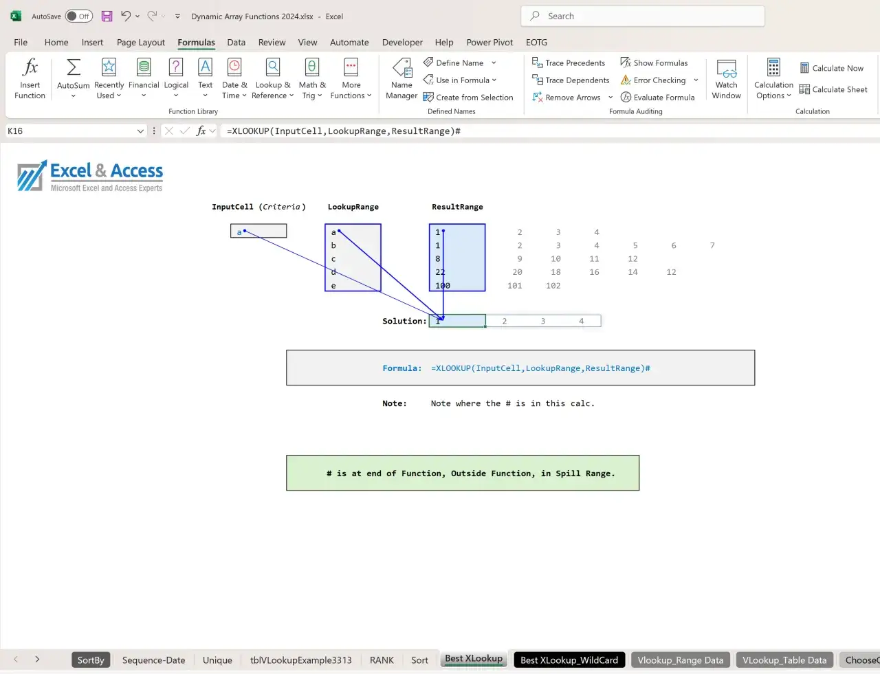 Excel-Tabelle zeigt eine XLOOKUP-Formel, die den Wert