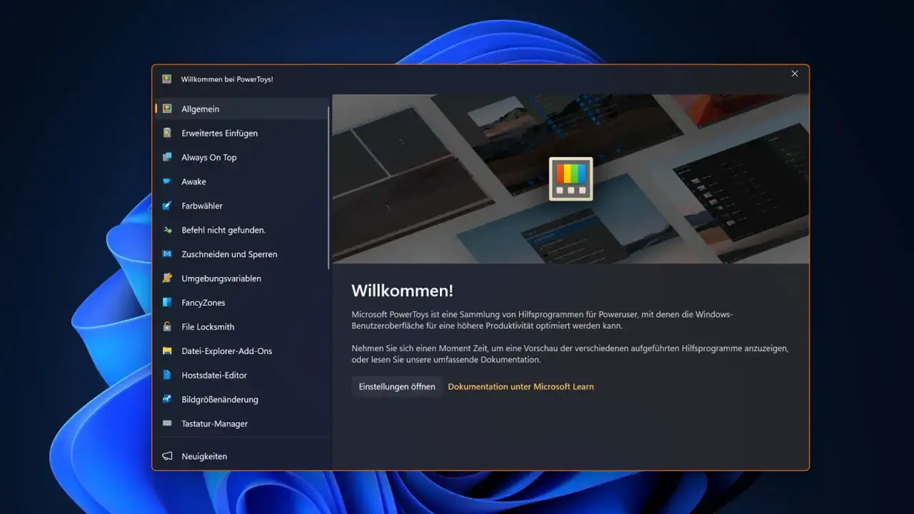 Fenster mit dem Willkommensbildschirm f&uuml;r Microsoft PowerToys. Links eine Liste mit Funktionen wie 