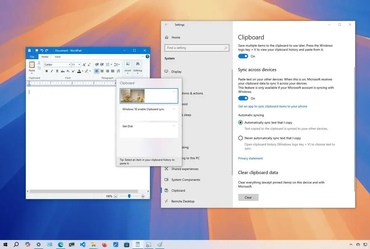 Windows 10 zeigt die Zwischenablage an. Hier kann man die Zwischenablage synchronisieren und den Verlauf einsehen.
