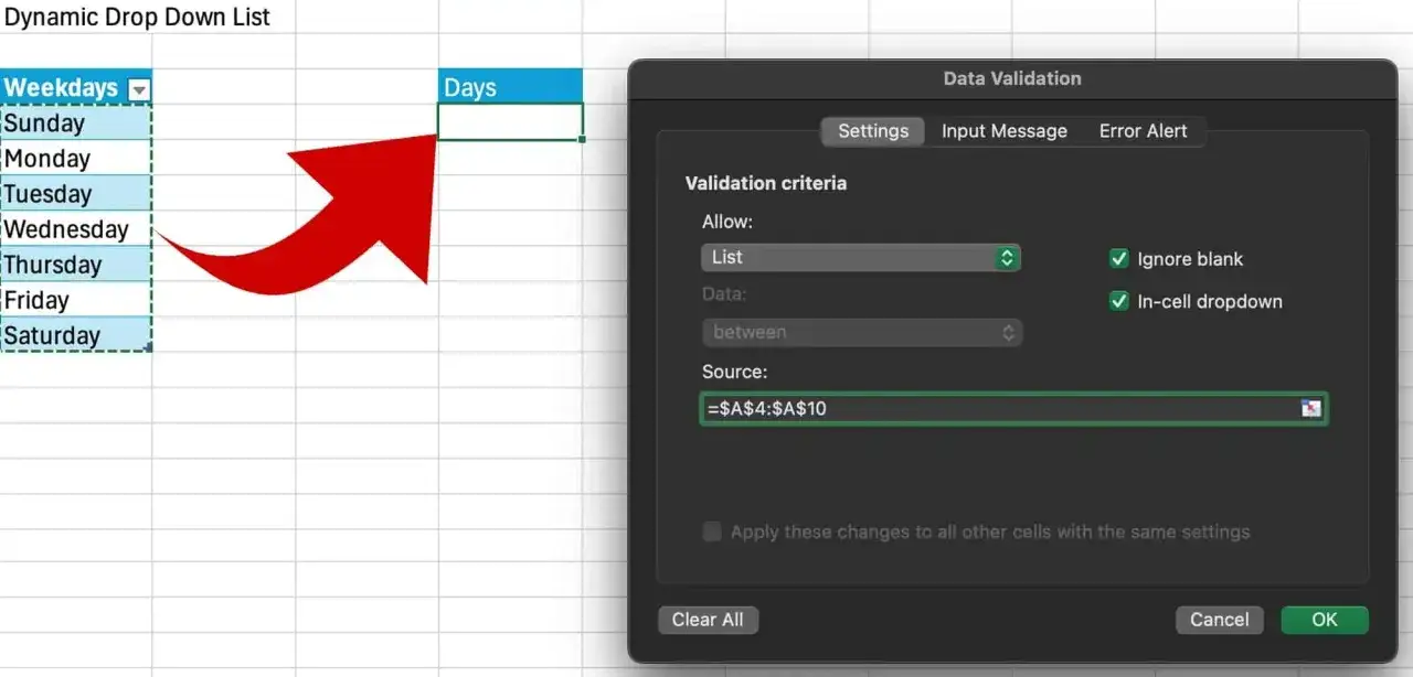 Excel-Tabelle zeigt eine dynamische Dropdown-Liste für Wochentage, konfiguriert über