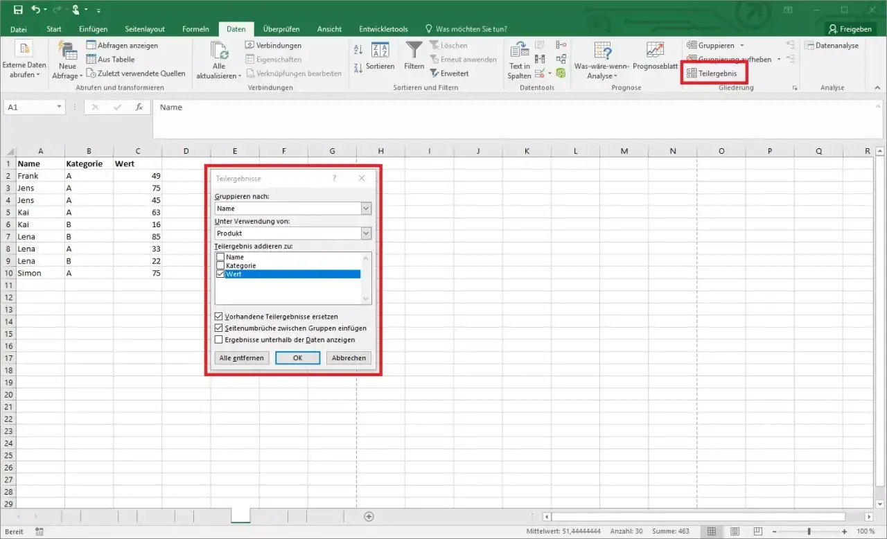 Excel-Fenster mit Dialogfeld