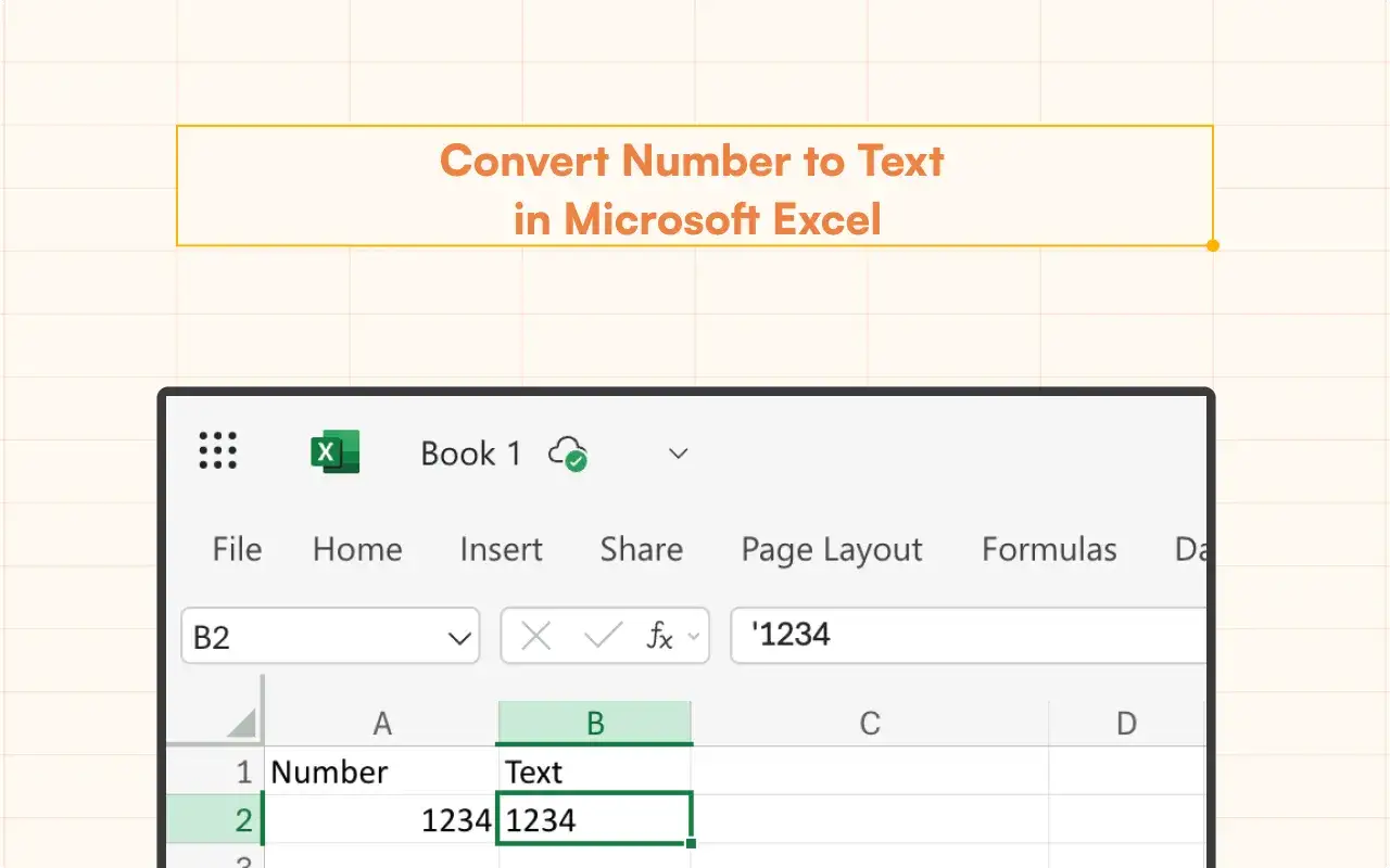 Excel-Tabelle zeigt, wie man einen Zahlenwert in Text umwandelt. Zelle B2 enthält '1234.