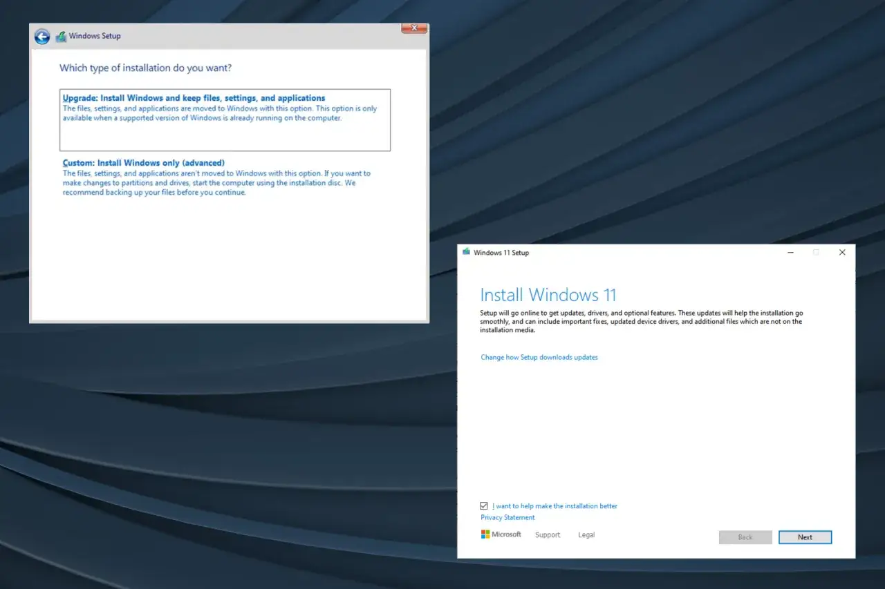 Windows Setup-Fenster zeigen Optionen f&uuml;r die Installation von Windows 10 ohne CD und USB.