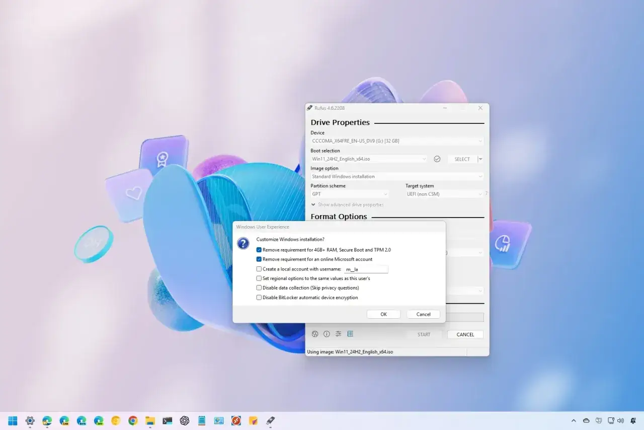 Rufus bereitet ein Windows 11 Lite Image vor, indem es Anforderungen wie RAM und TPM entfernt.