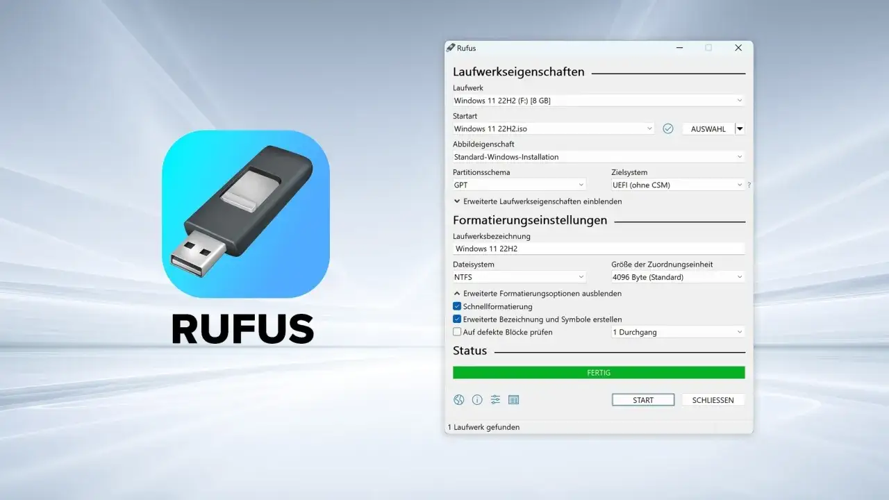 Rufus-Fenster zur Vorbereitung eines USB-Sticks f&uuml;r Windows 11 neu installieren. GPT, UEFI und NTFS sind ausgew&auml;hlt.