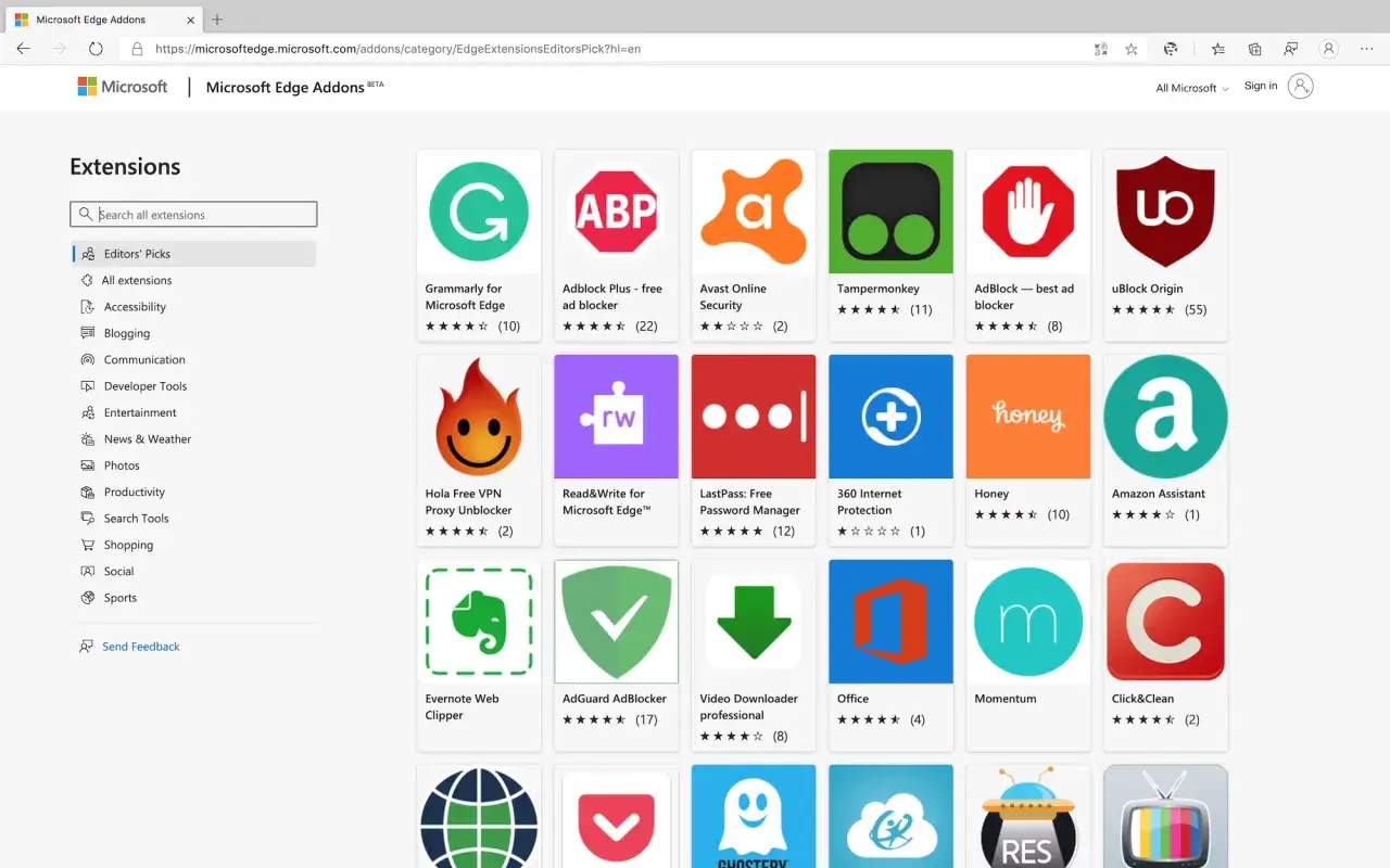 Microsoft Edge Addons-Seite mit vielen Erweiterungen wie Grammarly, AdBlock und Tampermonkey.