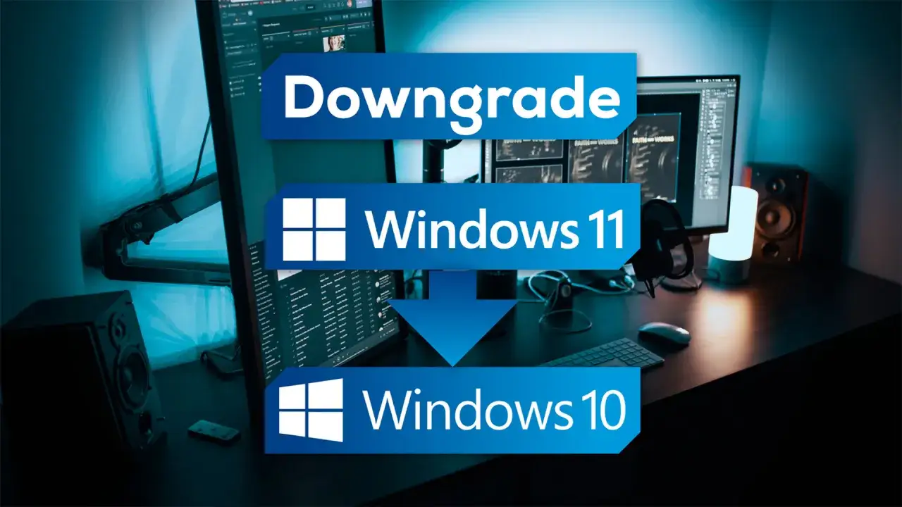 Anleitung zum Downgrade von Windows 11 auf Windows 10. Ein Schreibtisch mit Monitoren und Lautsprechern im Hintergrund.