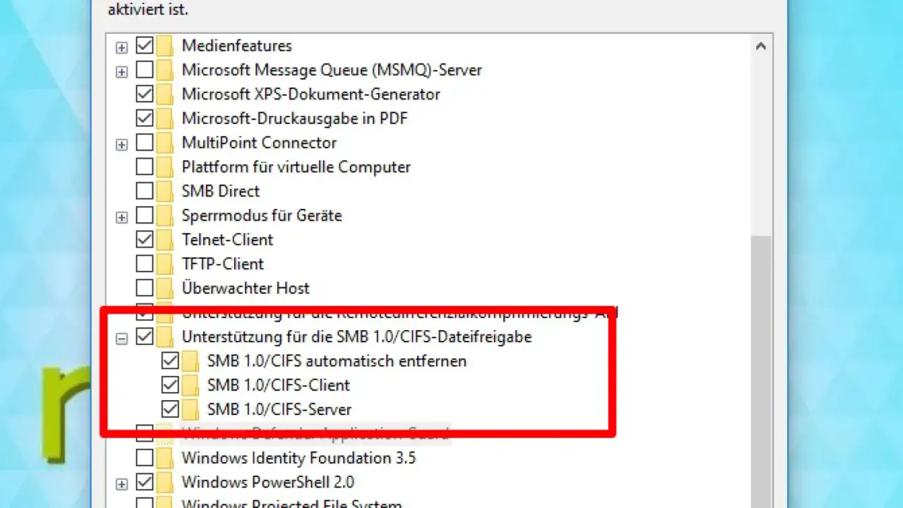 Windows 11: SMB 1.0/CIFS-Unterstützung aktivieren für Dateifreigaben. Hier werden die Optionen für SMB 1.0/CIFS-Client und -Server angezeigt.