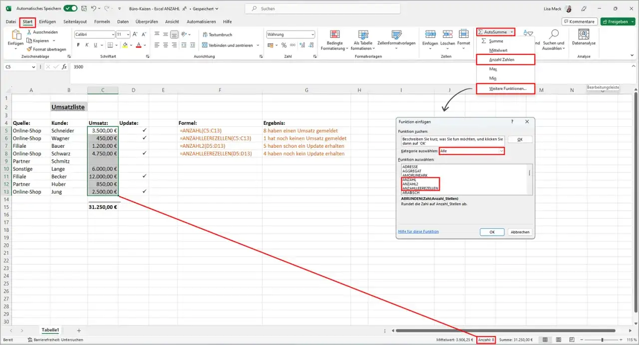 Excel-Tabelle zeigt Umsatzliste. Die Funktion ANZAHL z&auml;hlt Eintr&auml;ge. Hier wird die ANZAHL der Ums&auml;tze ermittelt.