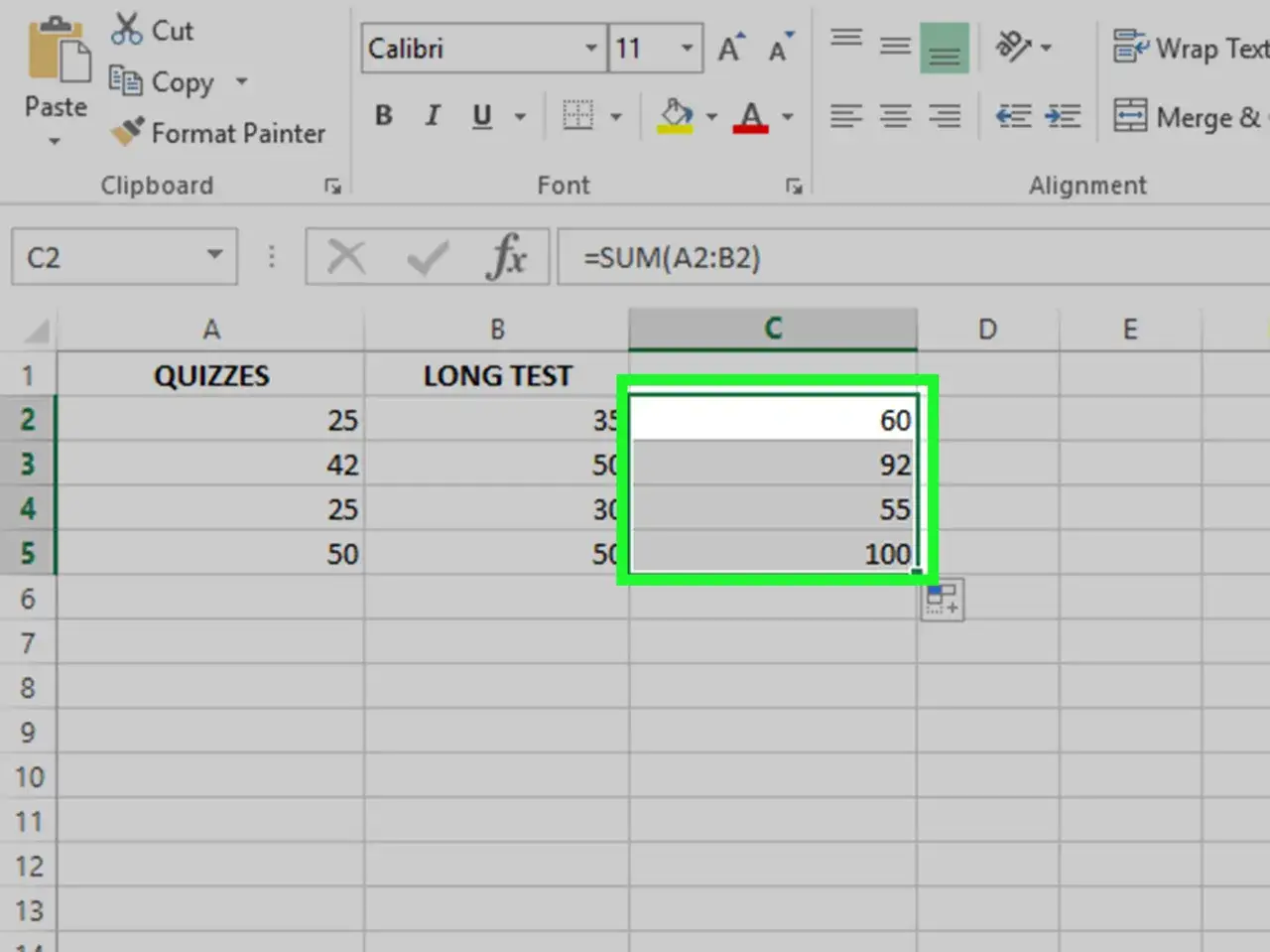 Excel zeigt die excel summe einer spalte an. Die Formel =SUM(A2:B2) berechnet die Summe der Zellen A2 bis B2.