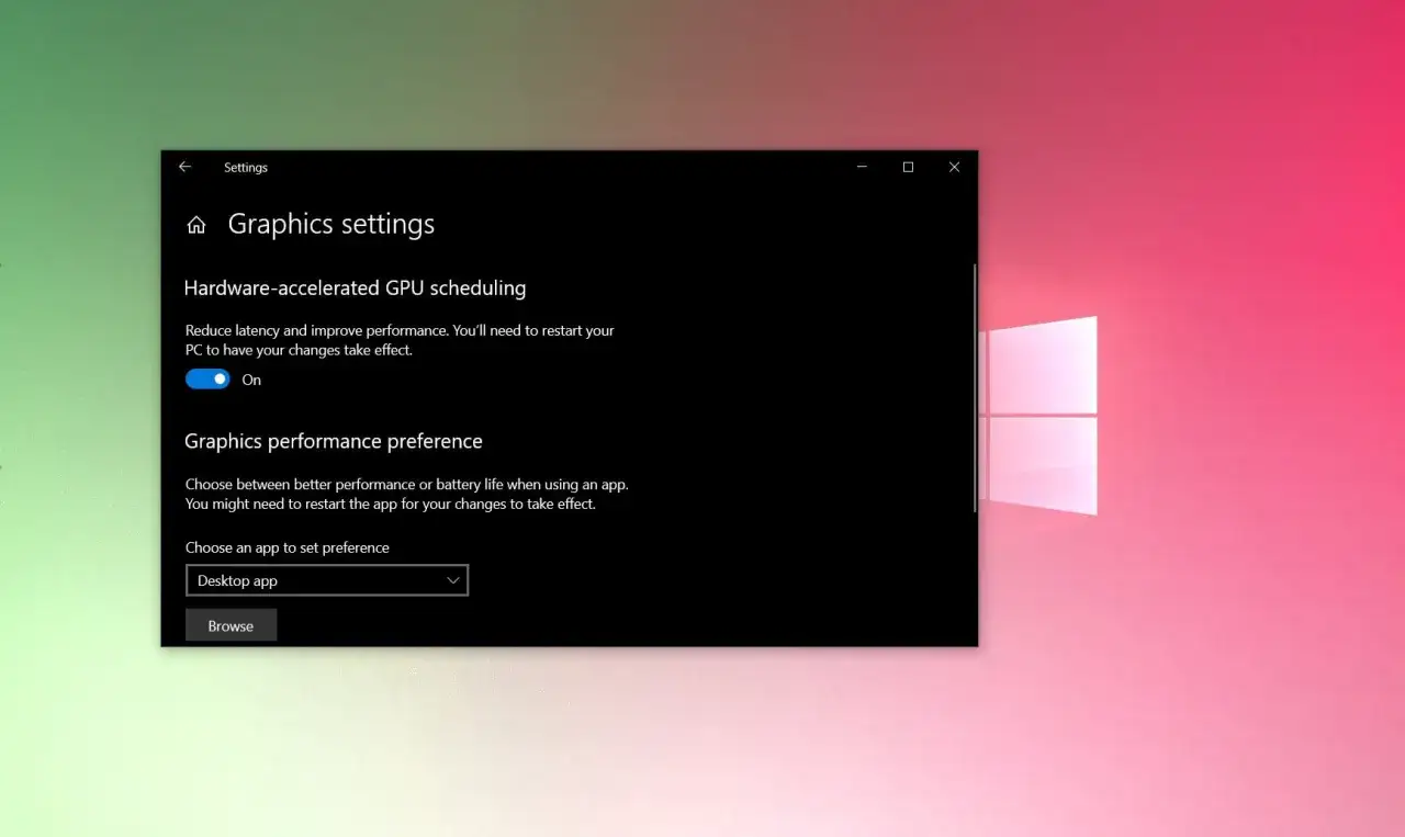 Windows-Grafikeinstellungen: hardwarebeschleunigte GPU-Planung ist aktiviert. Reduziert Latenz und verbessert Leistung.