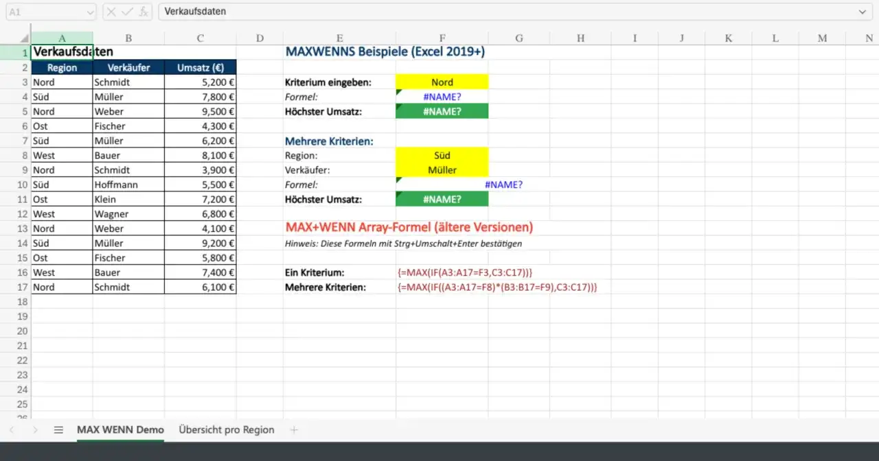 Excel-Tabelle zeigt Verkaufsdaten. MAXWENNS-Beispiele f&uuml;r die Suche nach dem h&ouml;chsten Umsatz mit einem oder mehreren Kriterien.
