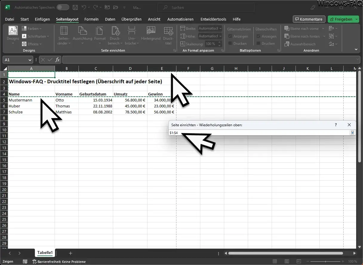 Excel: Erste Zeile auf jeder Seite drucken. Die Tabelle zeigt Daten mit Spalten wie