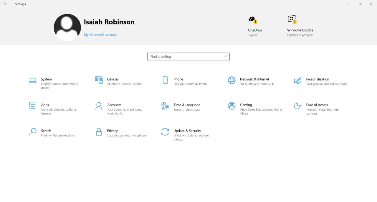 Übersicht der Windows 10 Einstellungen mit Optionen wie System, Geräte, Apps, Konten, Netzwerk, Personalisierung und Update & Sicherheit.