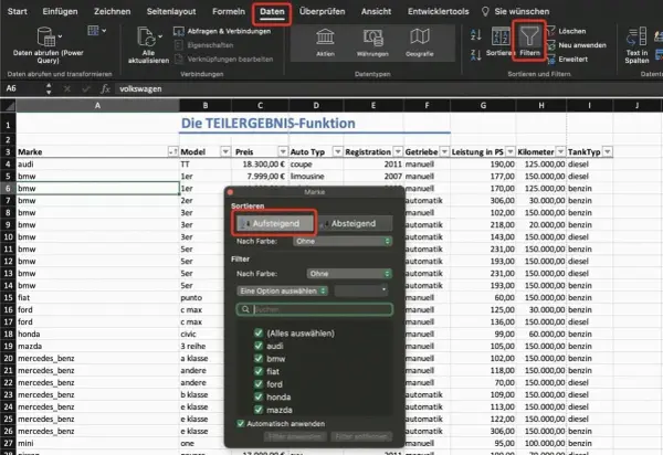 Excel-Tabelle mit Autos, die nach Marke sortiert werden. Die Option "Aufsteigend" für das **excel teilergebnis** ist ausgewählt.