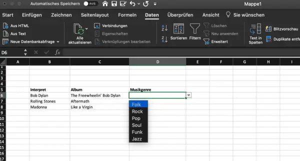 Excel-Tabelle mit dynamischer Dropdown-Liste für Musikgenres. Die Liste zeigt Optionen wie Folk, Rock, Pop, Soul, Funk und Jazz.