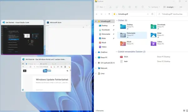 Windows 11 zeigt geöffnete Programme an. Hier wird gezeigt, wie man die Funktion "Windows 11 Fenster anordnen deaktivieren" kann, um die Übersicht zu behalten.