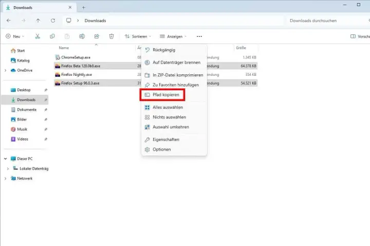 Im Download-Ordner wird der Pfad kopiert. Die Option "Pfad kopieren" ist ausgewählt.